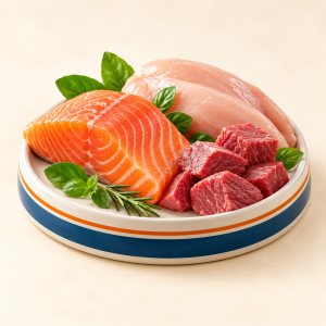 Salmon, chicken and beef as clearly named pet food protein ingredients