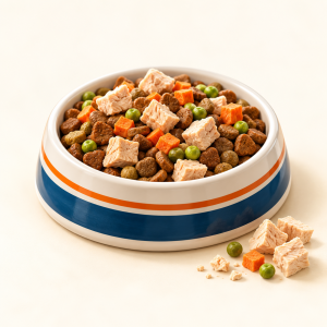 Balanced pet meal with complete food and freeze-dried topper