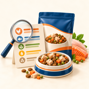 Pet food pouch with ingredient and nutrition information, a magnifying glass, and a bowl